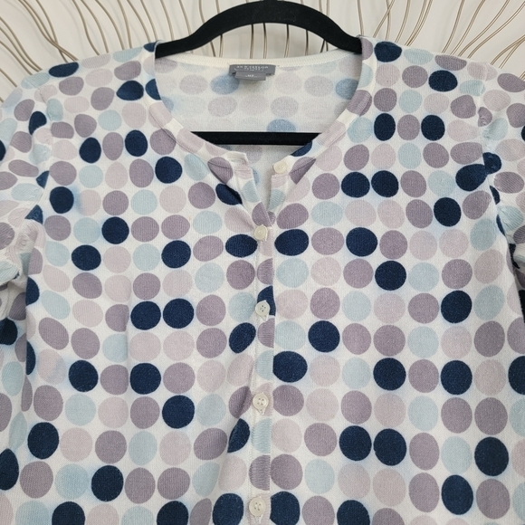 Ann Taylor Blue Gray White Circle Polka Dot Cardigan Sweater Petite Medium - Picture 4 of 13